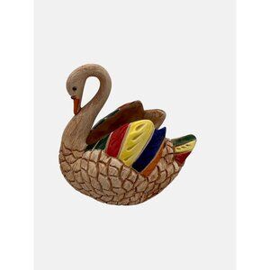 Handcrafted Ceramic Swan Miniature Planter Figurine With Multicolored Wings 4"